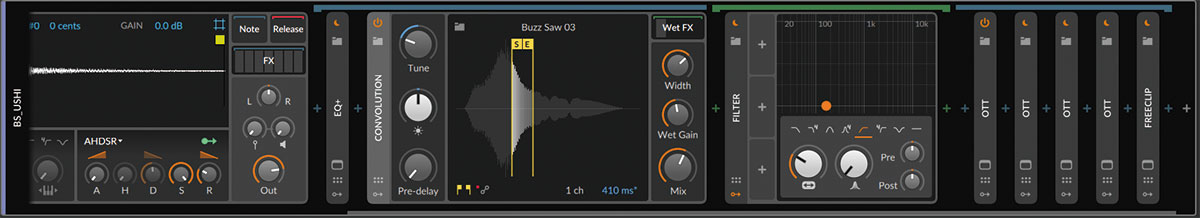 左から3つめの画面がIRリバーブのConvolution。IRの波形の一部をSとEの黄色い旗で囲むことで切り取ることができる。今回は“Buzz Saw 03”の一部を使ってTuneも調整し、Wet FX内にFilter（右側の画面）をインサートし、エフェクト音にだけハイパスをかけて低域のにごりを除去している。スプリッターなどを使わなくても、こういう処理を手軽に行えるのもBitwig Studioの魅力