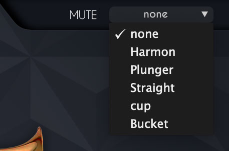 画面①　VHorns Brass Sectionに収録されたVHorns音源の画面右上には、“MUTE”メニューを装備。▼ボタンを押すとメニュー画面が展開し、none/Harmon/Plunger/Straight/cup/Bucket”という６種類の設定を選ぶことができる。これらは、金管楽器におけるベルの先端部分に取り付けるミュート器具の種類を表しており、noneはミュートしないという意味である