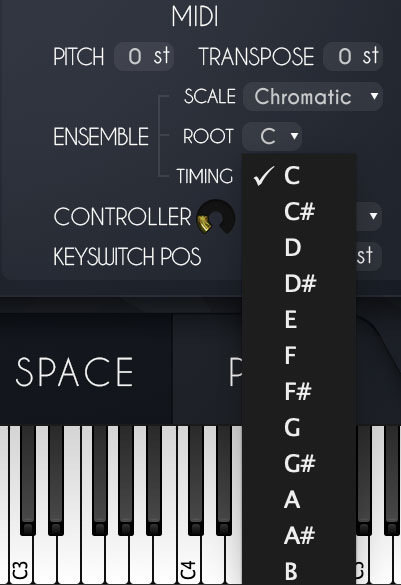 画面⑥　PREFSタブの画面右下にあるMIDIセクションでは、全体のピッチやトランスポーズ変更のほか、アンサンブル、コントローラー、キー・スイッチ・ポジションの設定が行える。またENSEMBLEでスケールとキーを選択することで、任意のスケールに沿った演奏が可能となる