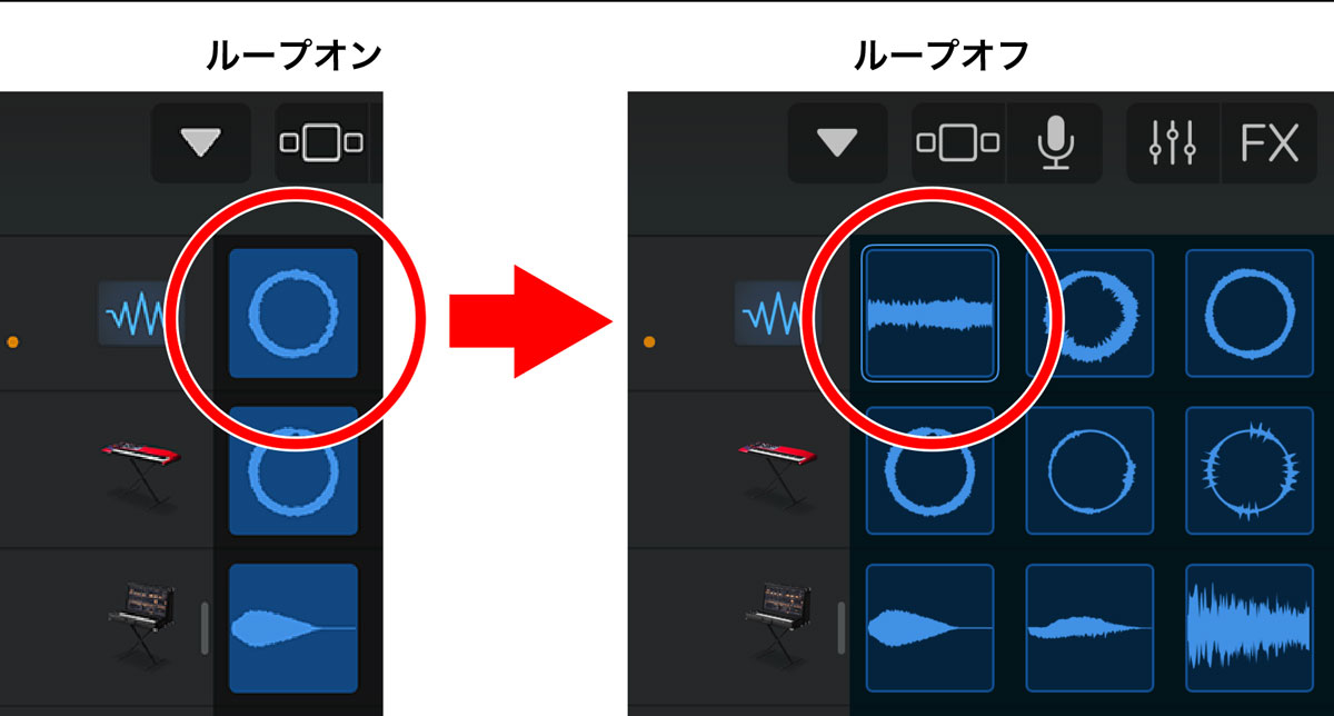 ループのオン／オフがセルの波形に反映される