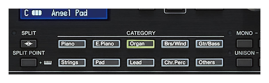CATEGORYセクションの各ボタンでピアノやエレクトリック・ピアノなどの音色カテゴリーを即座に呼び出せる