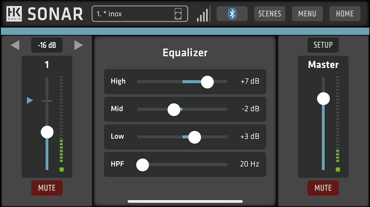 iOSおよびAndroidで動作する無料のリモート・コントロール・アプリ、Sonar Remote。上の画面はEQとハイパス・フィルターのページ。これらの設定はシーンとして保存／呼び出しが行える。また、前面グリル内のLEDランプのオン／オフやBluetoothペアリングなどもアプリから可能だ