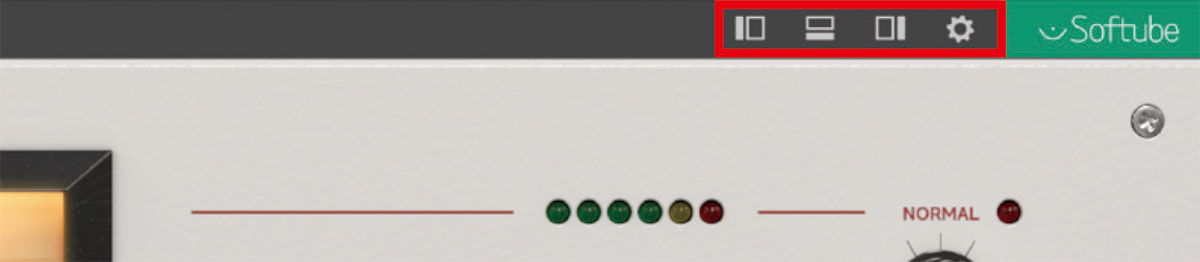 ブランド・ロゴの左にはメーターの表示設定を行う画面を開く歯車アイコンと、入力メーターや出力メーター、HEADROOMなどの機能が用意された補助ウィンドウを開くためのボタンを用意