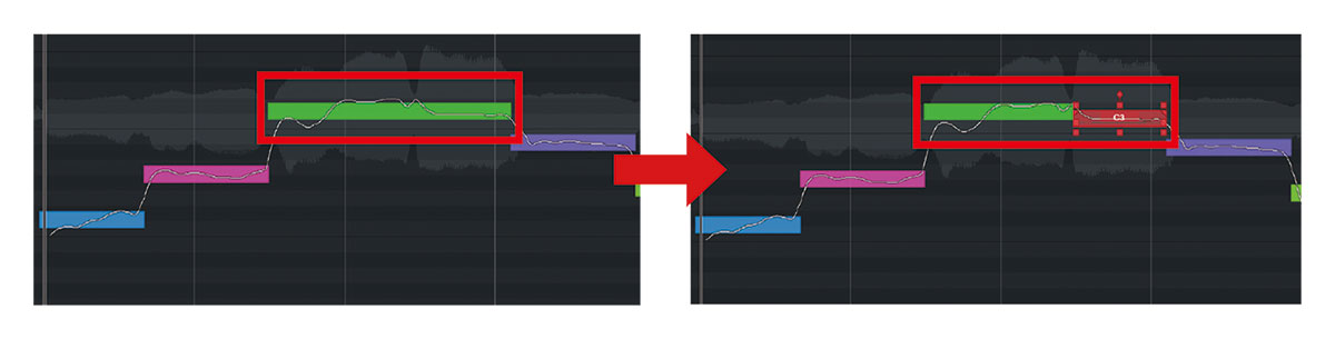 左画面の赤枠を見ると、2つの音程が1つのノートとして解析されてしまっているのが分かる。こういう場合は、右画面の赤枠のようにはさみツールを使ってノートを分割する