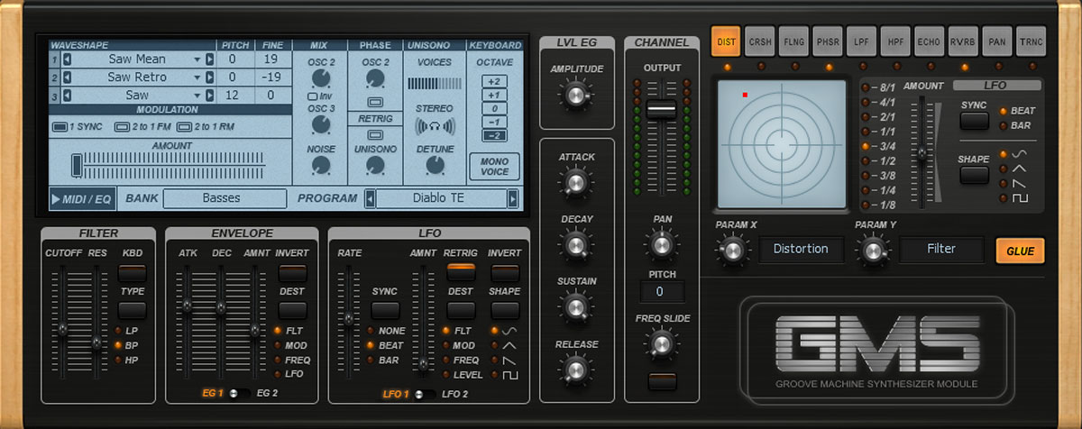 FL Studioの全エディションに付属するシンセ音源、GMS（Groove Machine Synth）。ディストーションやフランジャー、リバーブなど数多くのエフェクトを搭載しているのも特徴の一つ。アマピアノではプリセットの“Diablo TE”が多用されている