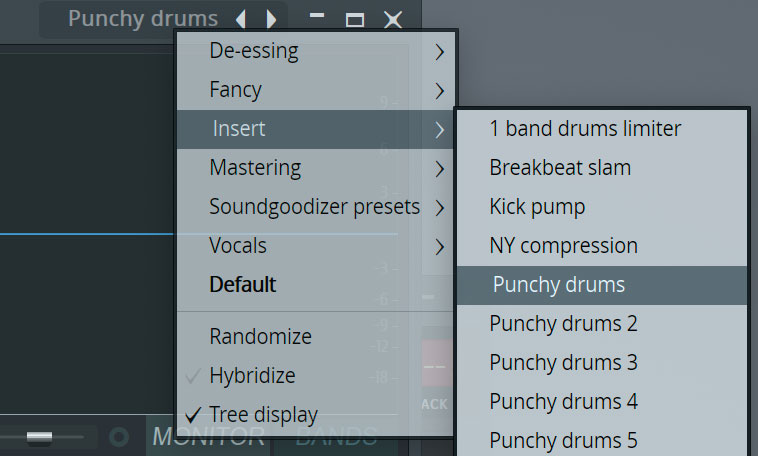 Maximusのプリセット・メニューを展開したところ。“Punchy drums”だけでなく、Punchy drums 2〜5までの全部で5種類が用意されています。それぞれ試してみて、一番曲に合うものを選ぶとよいでしょう