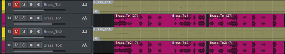 ベージュのMIDIイベントが並ぶトラックは、ブラスを打ち込んだインストゥルメント・トラック。“新規トラックにバウンス”を使用すると、すぐ下にオーディオ化されたイベントとトラックが生成されます。画面では、ピンク色のイベントがブラスの打ち込み内容をオーディオ化したものです