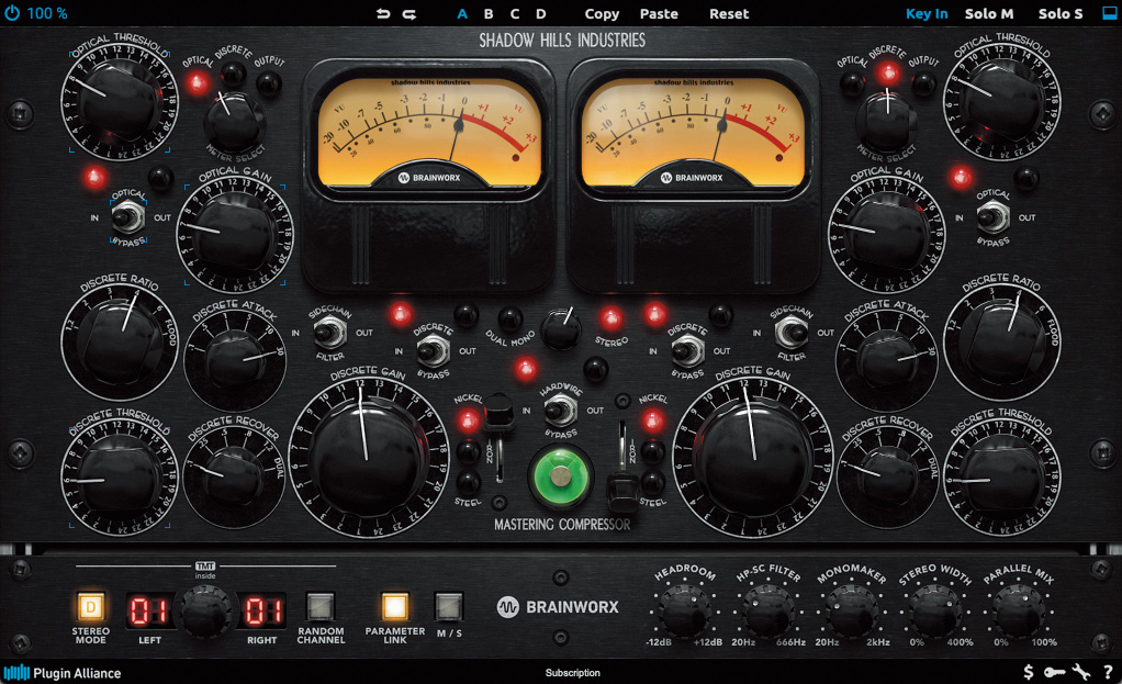 Shadow Hills Mastering Compressor Class Aの画面下部、右から2番目のパラメーター“STEREO WIDTH”でステレオ感を調整