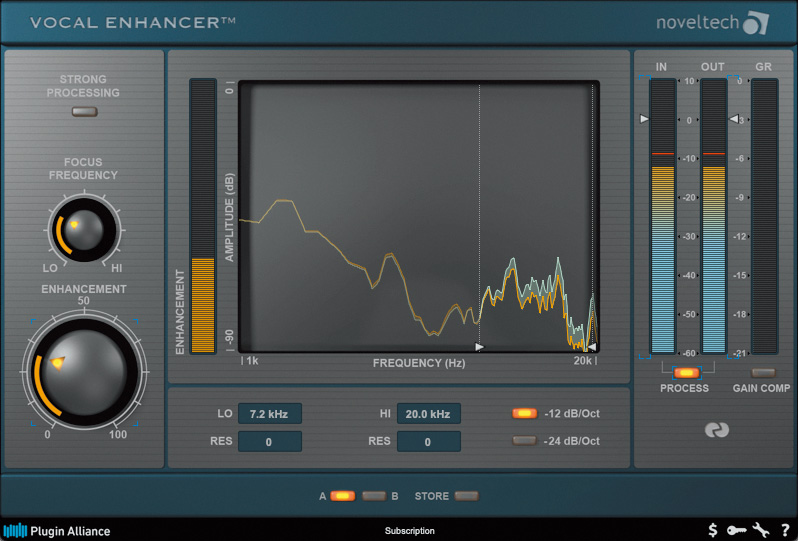 PLUGIN ALLIANCE Noveltech Vocal Enhancerで耳に痛くない帯域の倍音を付加。セクションごとのレンジに合わせ、Aメロやサビではエンハンスのパラメーターを強めに設定するなど、エンハンス具合とどの帯域の倍音を作るかを変えている