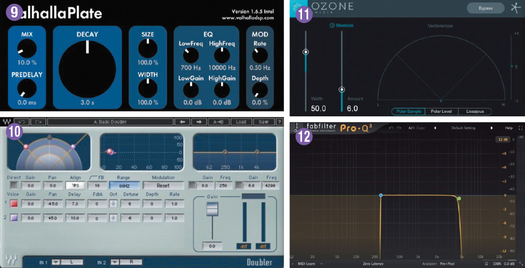 1:55辺りからのリフには、Rhodes - Classic Wah Juicy Tremの音色を元に、VALHALLA DSP ValhallaPlate❾をリバーブとして、WAVES Doubler❿、IZOTOPE Ozone Imager⑪で左右の空間作りを行い、さらにFABFILTER Pro-Q 3⑫で低域と高域をカットすることで、独特な質感の音色を作っている