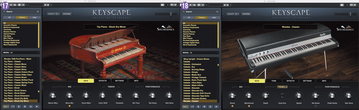 SPECTRASONICS Keyscapeでは、Toy Piano - Glock Dry Mono⓱、Rhodes - Classic⓲を音色として選択している