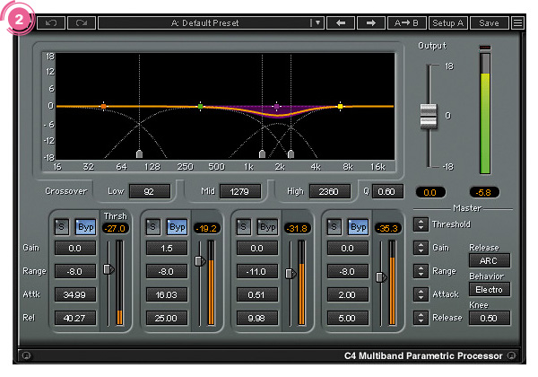 マルチバンド・コンプ・プラグインのWAVES C4 Multiband Compressor。「EQポイントはボーカリストに合わせて調整しよう」とMitchie M