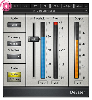 4段目と5段目には、ディエッサー・プラグインのWAVES DeEsserが格納されている。両者の違いは、Frequencyのパラメーター値だ