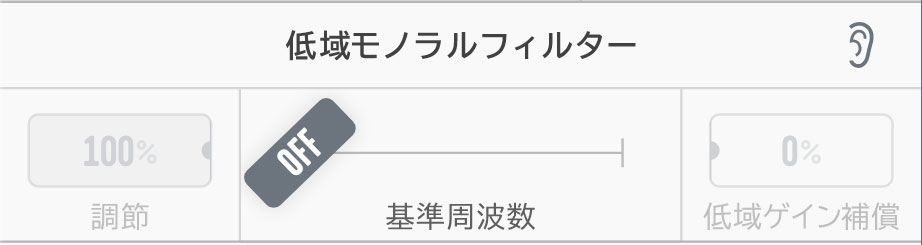 画面③　ステレオ信号をモノラルに変換することができる低域モノラルフィルターセクション。基準周波数で設定した周波数より低い帯域に作用する。基準周波数は、4Hz〜24kHzの範囲で設定可能。また調節パラメーターは、その効果を0〜100％でコントロールできる。右上に見える耳のアイコンをクリックすると、低域モノラルフィルターで除去された信号をモニターすることが可能だ