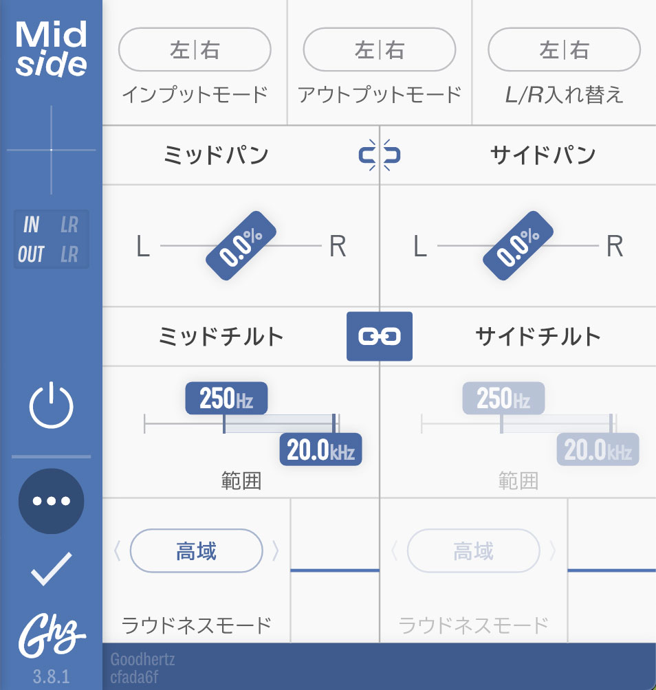 画面⑤　サイド・バーにある“…”をクリックすることで展開する、MidsideのAdvanced画面。入力信号や出力信号のフォーマットをL/Rにするか、M/Sにするかを切り替えたり、L/Rのチャンネルを入れ替えたりすることができる。さらにミッド成分／サイド成分のパンニングや、ラウドネスモードの選択といった詳細設定も行える