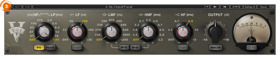 EQプラグインのV-EQ4。EQモジュールのNEVE 1081をモデリングし、独自のEQポイントを加えるなどの改良を施している。Airy House Pianosでは、HFノブがマクロのTREBLEノブに、LFノブがマクロのBASSノブにアサインされている