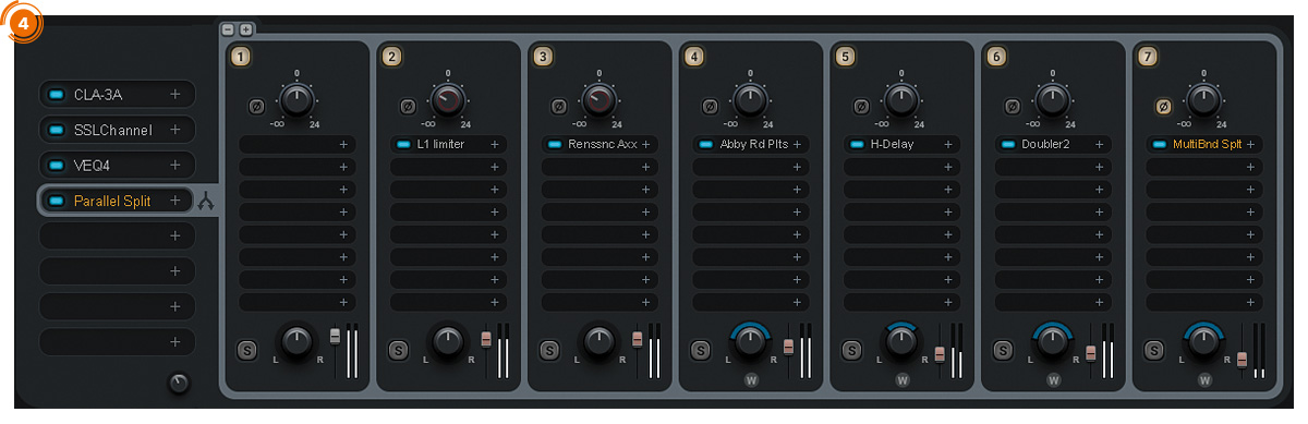 並列処理を可能にするParallel Splitの画面。スロット1は空になっており、スロット2〜スロット７が使用されている。リミッター・プラグインWAVES L1 Limiterがインサートされたスロット２のセンド・レベル・ノブと、Renaissance AXXを格納するスロット3のセンド・レベル・ノブは、MACROセクションのENERGYノブにひも付いている