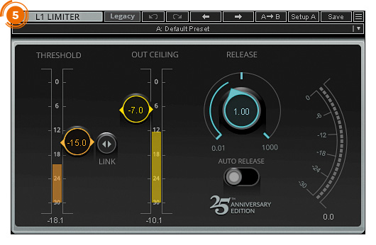 L1 Limiter。デフォルトでは、スレッショルド値は−15.0dBに設定されている