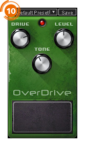 GTR3のひずみ系プラグイン、OverDrive。ギター・ペダルをモデリングしている。Multiband Splitのスロット２にインサート