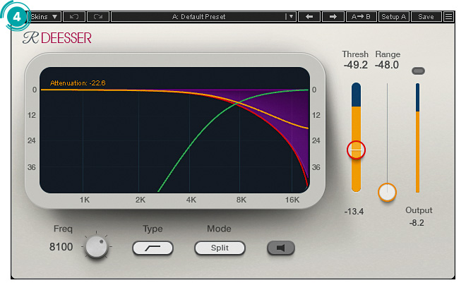 ディエッサーのWAVES Renaissance DeEsser。Threshスライダーは、マクロのDeEsserノブにアサインされている