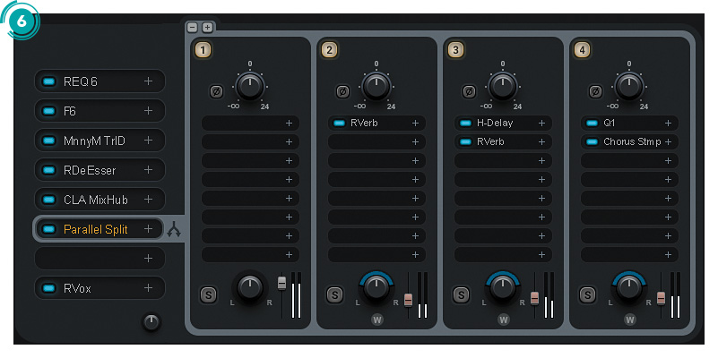RACKセクション６段目にインサートされたParallel Splitの画面。スロット２〜４には、リバーブやディレイといった空間系エフェクトをインサートする