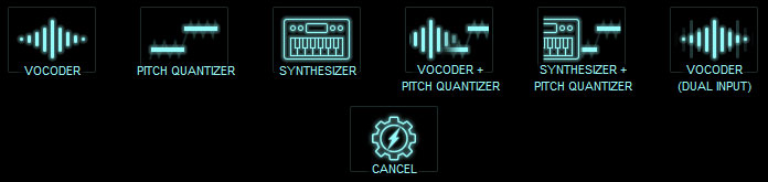 QUICK SETUPボタン（歯車アイコン）を押すと出現するモード選択画面。左からVOCODER/PITCH QUANTIZER/SYNTHESIZERなど、計６つのモードを選べる。また、各アイコン上にマウスをかざすと設定が切り替わる仕様にもなっている