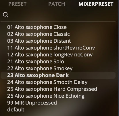ミックスのプリセットはブラウザー上で選択。楽器ごとに距離感やソロといった区分のほか、ローファイな雰囲気を作る“Dark”、高音を強調する“Smokey”などの設定が用意されている