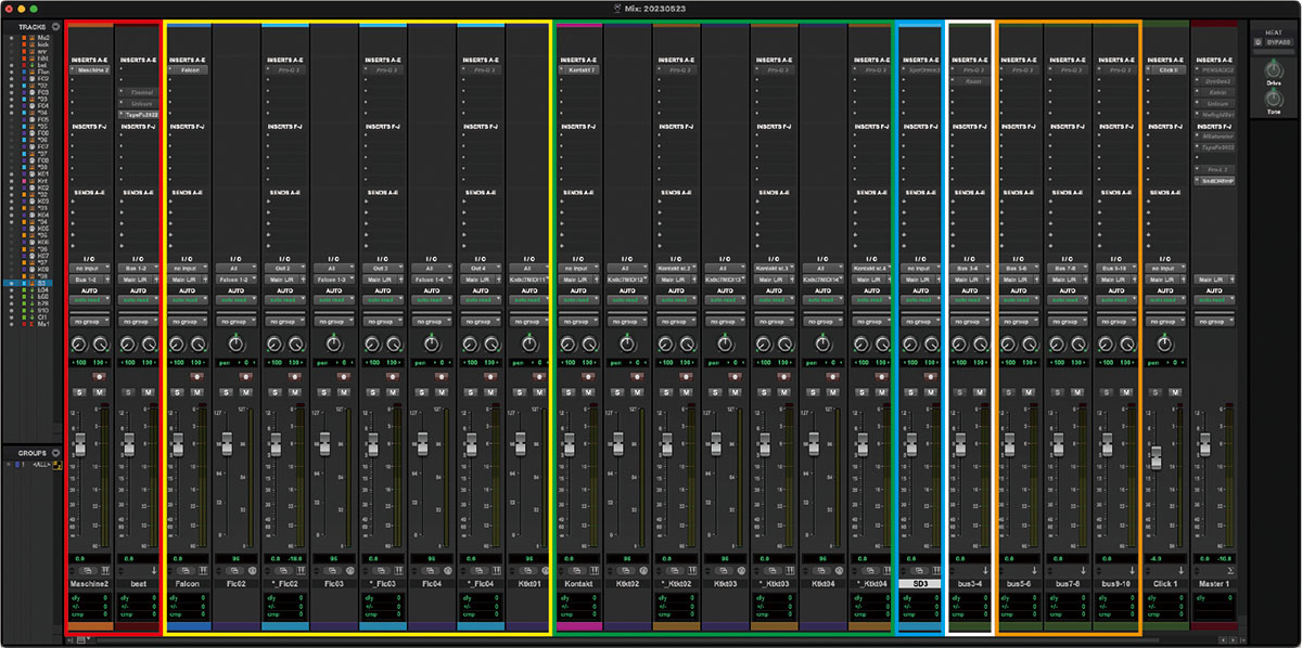 テンプレートのミキサー画面で、最初に必要と思われるトラックのみを表示した状態。左からNATIVE INSTRUMENTS Maschine関連トラック（赤枠）、UVI Falcon関連のトラック（黄枠）、NATIVE INSTRUMENTS Kontakt 7関連トラック（緑枠）、TOONTRACK Superior Drummer 3（青枠）、リバーブのNATIVE INSTRUMENTS RaumをインサートしたAUXトラック（白枠）、予備のバスをインプットしたAUXトラック（オレンジ枠）、残りはクリック・トラックとマスター・トラック