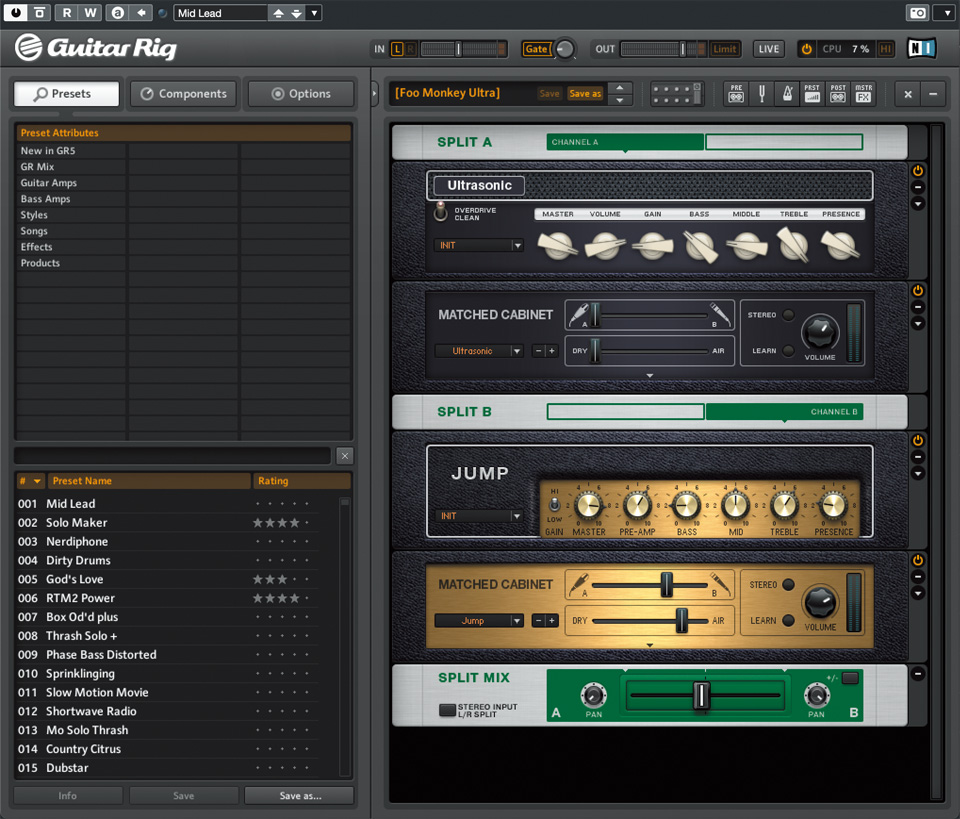 アンプ・シミュレーターのNATIVE INSTRUMENTS Guitar Rig 5。ギターを録る際はRME Babyface Pro FS直挿しで、Guitar Rig 5かSTEINBERG Cubase付属のVST Amp Rackを使用している