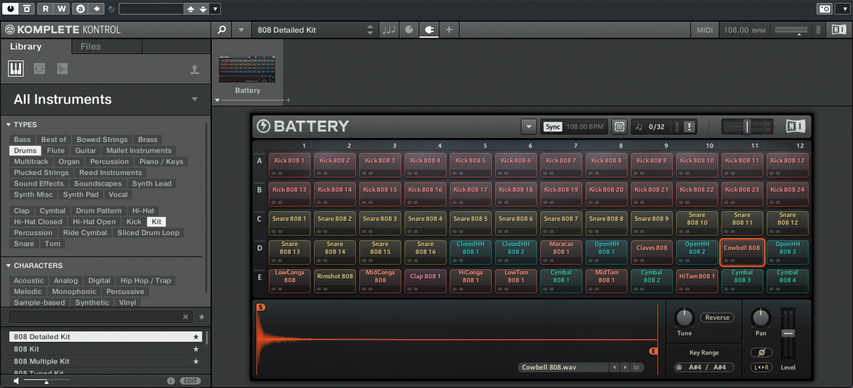 ROLAND TR-808系のカウベルを用いているNATIVE INSTRUMENTS Batteryの808 Kit。syudouいわく「あのカウベルは、極力どんな曲でも入れたいんです」