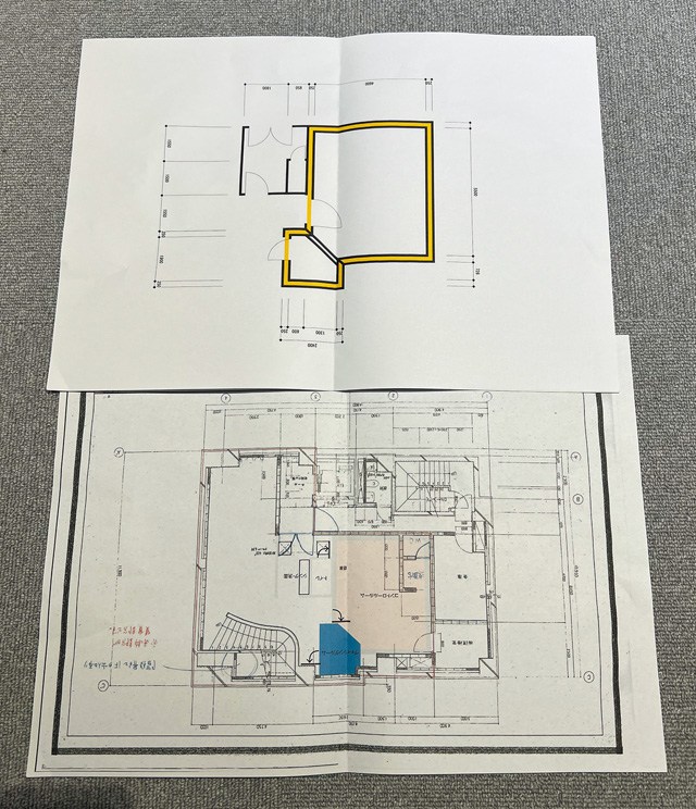 スタジオの全体図とコントロール・ルーム、ブースの設計図。花井さんに図面を起こしていただきチェックをしましたが、基本的に問題なく、工事を開始してもらいました。テーマはいかに居心地の良い空間を作るか、です！