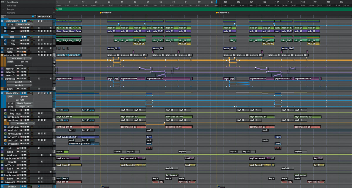 オープニング・テーマであり本作の冒頭を飾る「Yakitori (Full Length Mix)」のAVID Pro Toolsセッション画面。画面上部にリズム・トラックがまとめられている。展開に応じて細かくオートメーションが書かれているのが分かる