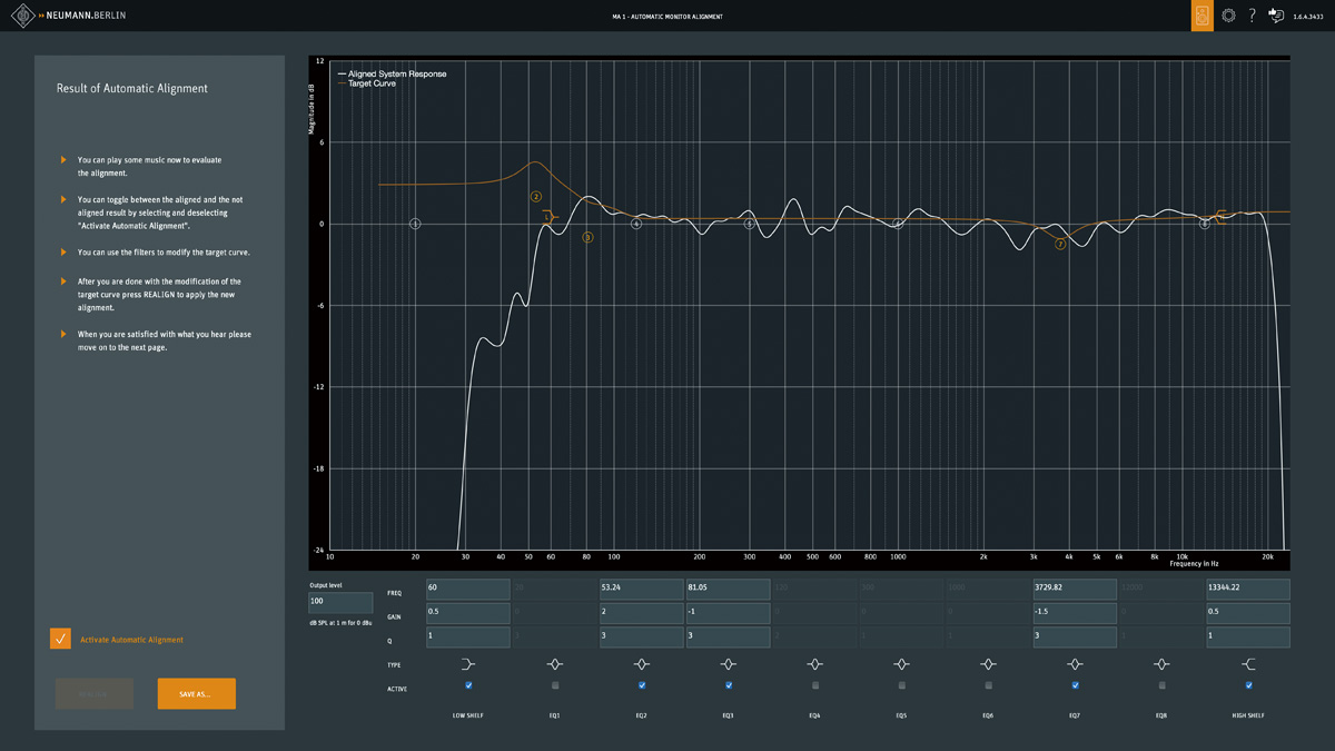 Automatic Monitor Alignmentで測定結果を表示したところ。画面下部に見える10バンドのパラメトリックEQで、補正後の特性を微調整できる。和田氏もピークを少し抑えているほか、低域を若干ブーストして好みの音に修正している