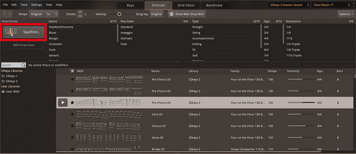 Groovesではジャンルや演奏スタイルからMIDIフレーズを検索できるほか、Tap2Find（赤枠）を使って、マウスでタップしたり、MIDIキーボードから演奏することで、欲しいリズムのフレーズを探すことも可能