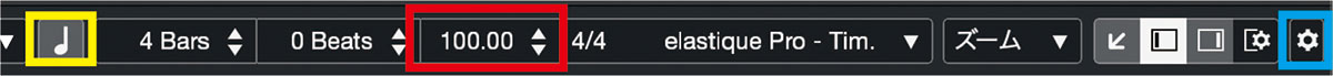 サンプルエディター画面上部のツール・バー。赤枠に使用するサンプルのテンポを入力し(今回は100)、黄枠の音符マークをクリックすると、サンプルのテンポがプロジェクトのテンポ(今回は128)に同期される。もし赤枠のテンポを入力する部分が表示されていなければ、青枠の歯車マークをクリックし、“音楽情報”にチェックを入れると表示されるようになる