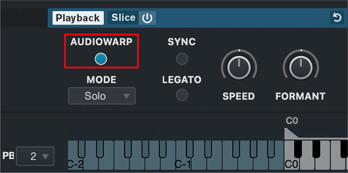 サンプラーコントロール画面の左下の部分。赤枠のAUDIOWARPにチェックを入れておけば、MIDIキーボードの位置によってサンプルのテンポが変わらないようにすることができる