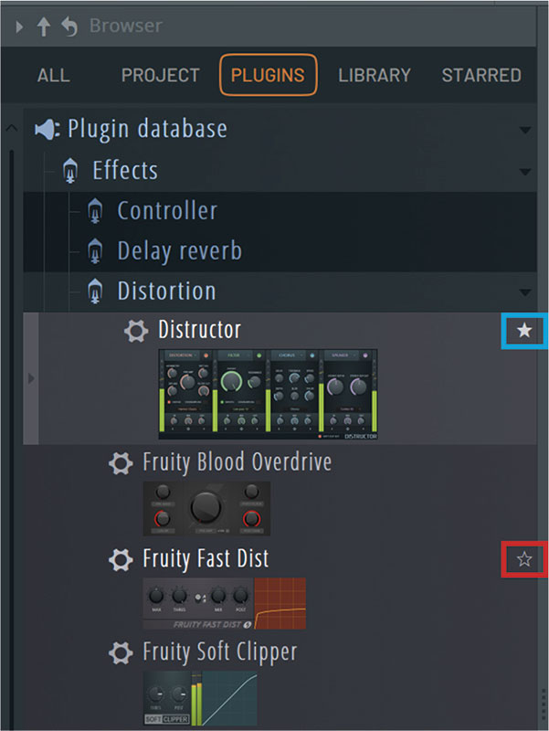 Browserは、プロジェクト・ファイルやFL Studioに付属するインストゥルメンツ／エフェクト、サード・パーティ製プラグイン、サンプル・パックなどを管理する画面。マウス・カーソルをかざすと“☆”マーク（赤枠）が出現するので、これをクリックすると“★”マーク（青枠）に変化し、Favoriteとしてお気に入り登録することが可能です。一度Favoriteに登録しておけば、次回からBrowserの右上にあるSTARREDタブからすぐにアクセスすることができます