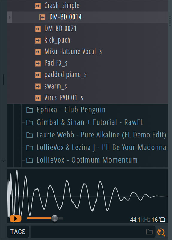 The browser in FL Studio version 21 now displays the waveform of the selected sample material.  You can run the form by clicking on an icon 