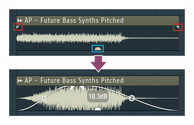 From version 21, fading processing and gain adjustment can be performed on the audio clip.  When you hover your mouse over an audio clip, triangular marks (red frame) appear at either end of the clip, and a semicircular mark (blue frame) appears below the clip.  The fade in/out can be adjusted by dragging the triangle marker left and right. You can also adjust the gain by dragging the semicircle marker up and down.