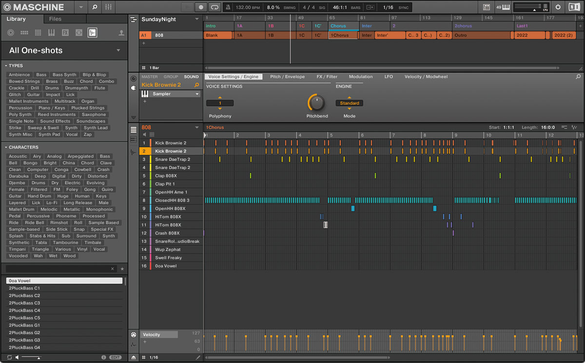 Pro Tools上に立ち上げたNATIVE INSTRUMENTS Maschineソフトウェア。ドラムはMaschineソフトウェア上でパターンを打ち込み、曲の展開に合わせてパターンを並べ、キックやスネア、ハイハットなどの各楽器をPro Toolsのミキサーへパラアウトするという方法を採っている