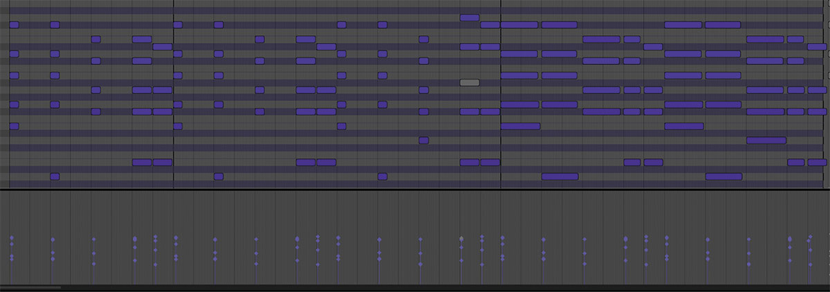 NATIVE INSTRUMENTS Ignition Keysでのコード・パート。手弾きをクオンタイズして、ベロシティのバラつきは生かしつつも、低い音域の音はベースとの兼ね合いを見てベロシティを下げたり、あるいは音そのものを削除