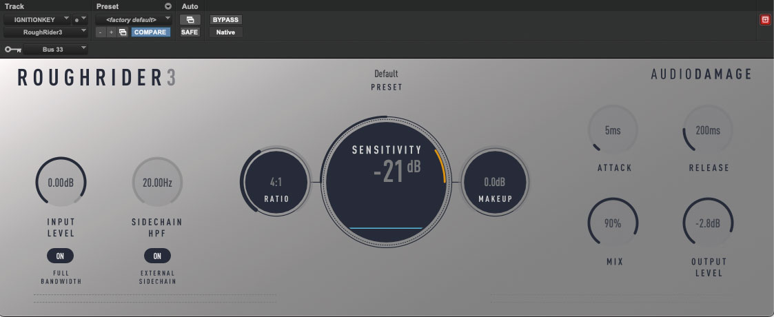 Ignition Keysにインサートしたコンプ、AUDIODAMAGE Roughrider 3。サイドチェイン入力にはキックのトラックからバスで送られた信号が入力されている