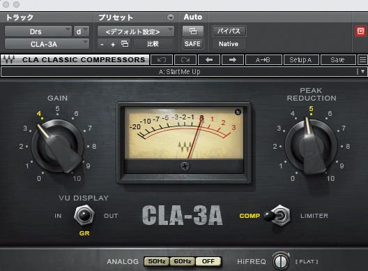 ドラム・バスに使われたWAVES CLA-3A。吉田氏は「入力レベルとゲイン・リダクションを調整するだけで済むから、使いやすい」と語る