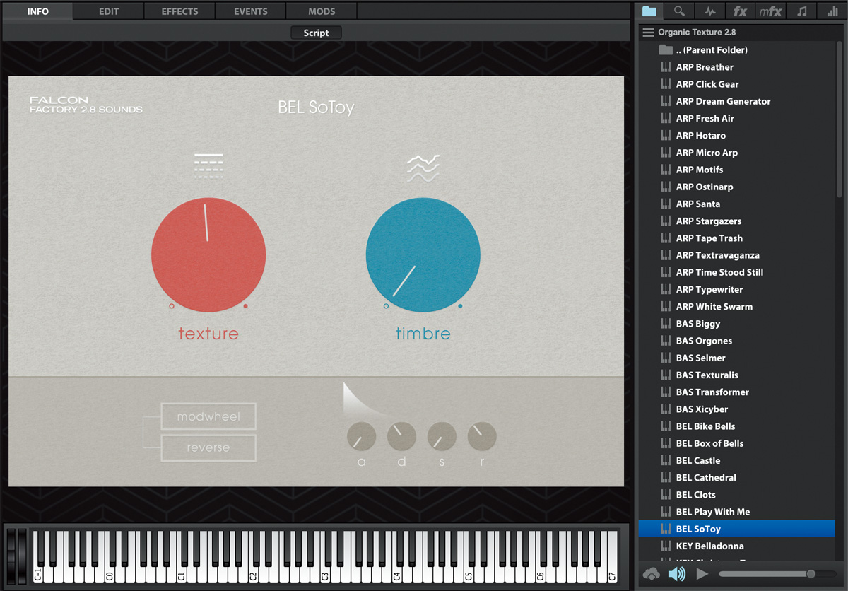 プリセットのOrganic Texture 2.8は、音色調節を主に2つのノブに集約し、簡単に加工可能。より作り込みたい場合は、メイン画面上部にある“EDIT”などのタブを選ぶことで画面が切り替わる