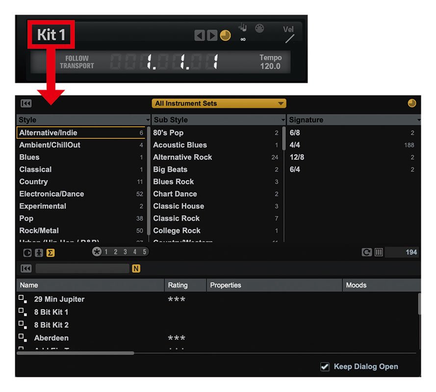 Groove Agent SE画面の左上の“Kit 1”（赤枠）をクリックすると、ジャンルごとに分けられたドラム・キットが表示されるので、好みのものを選択してロードする