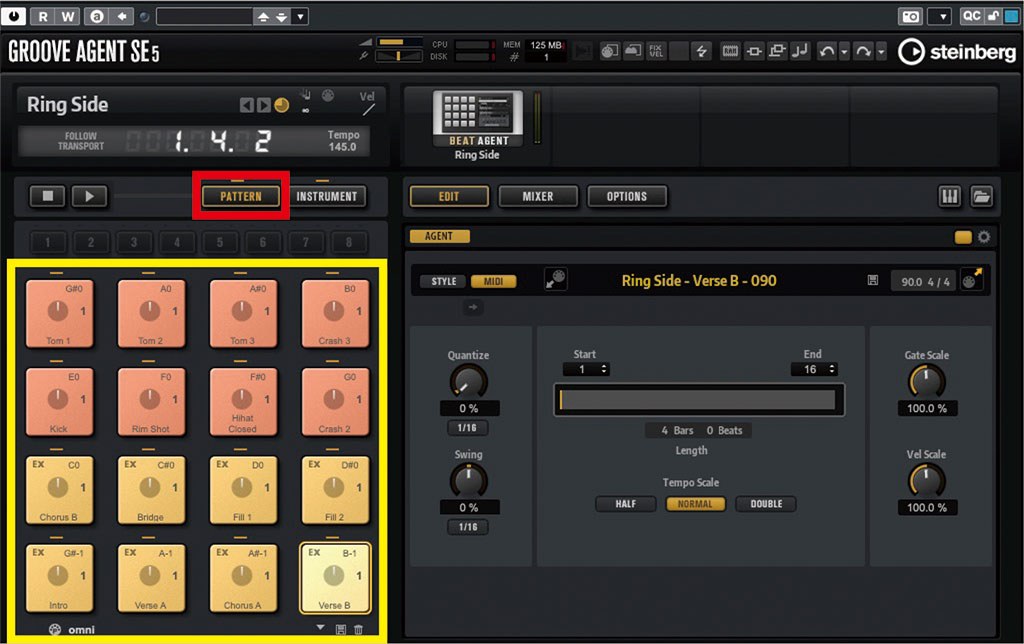 Groove Agent SEの画面。“PATTERN”ボタン（赤枠）を押すと、いろいろなビート・パターンがパッドに割り振られる（黄枠）