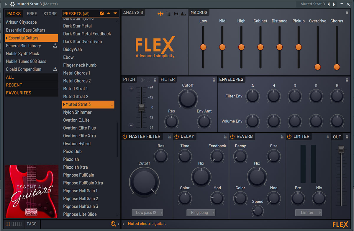 Flexは、FL Studioの全エディションに付属するインストゥルメンツ。PACKSと呼ばれるサウンド・ライブラリーがあり、それに収録されたプリセットを土台としてサウンド・メイキングを行っていきます。画面中央上部にあるANALYSISセクションにはオシロスコープ、スペクトラム、ベクタースコープ、スペクトログラムを搭載しており、視覚的に音を分析することが可能です