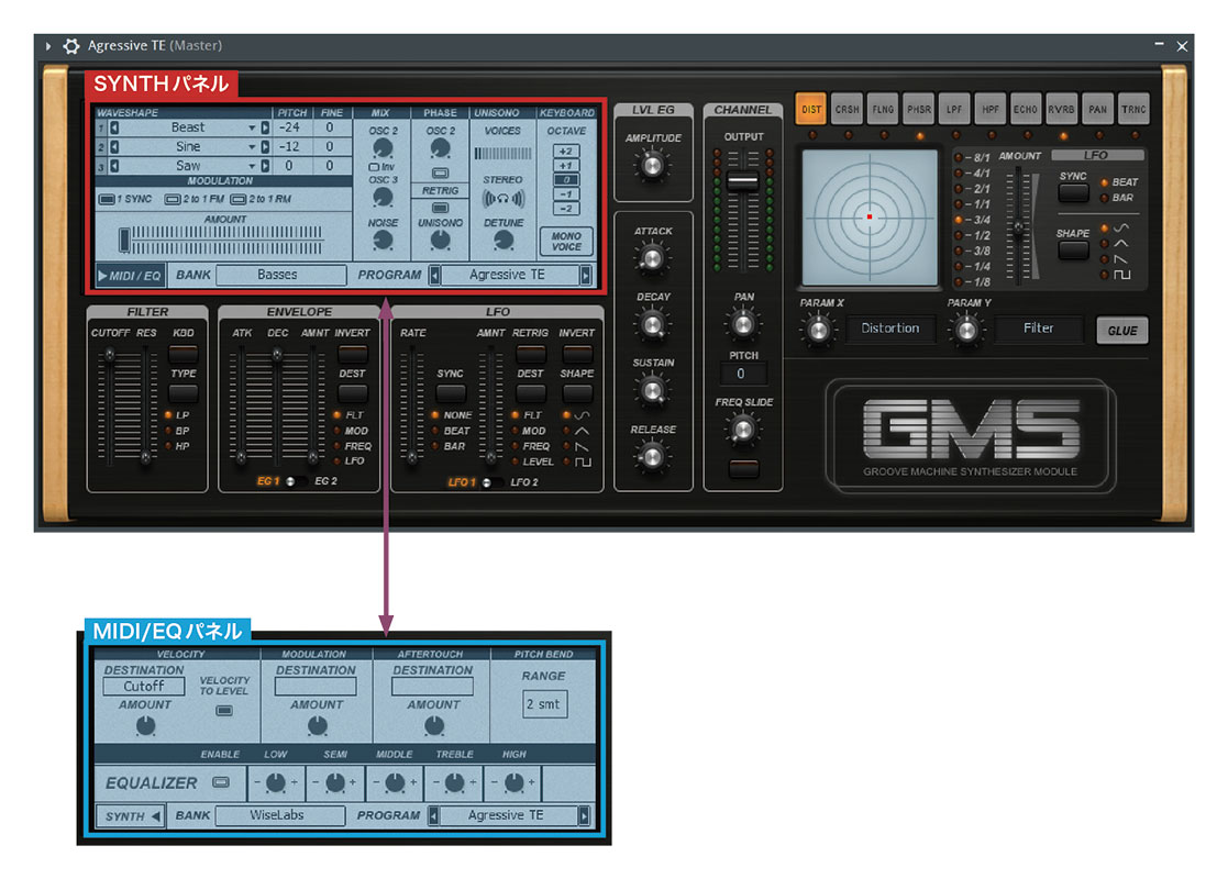 FL Studioの全エディションに付属するインストゥルメンツ、GMS（Groove Machine Synth）。画面左上にはSYNTHパネル（赤枠）とMIDI/EQパネル（青枠）を搭載し、左下にある“▶MIDI/EQ”ボタンと“SYNTH◀”ボタンでそれぞれのパネル表示に切り替えることができます。画面右側には10種類のエフェクトを搭載しているのも特徴で、全体的に操作性が分かりやすいのもポイントです