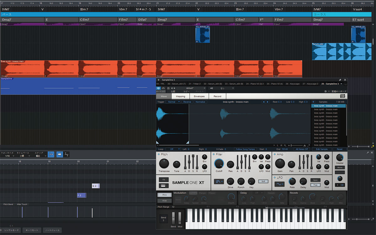 画面右下のサンプラーがS1標準搭載のSampleOne XT。GUIのほぼ上半分を占めるディスプレイ部にドラッグ＆ドロップでオーディオを読み込む仕様で、ブラウザーからはもちろん、タイムライン上のオーディオ・イベントを直接インポートすることもできる。鍵盤部の上には、モジュレーション系エフェクトやディレイ、リバーブなどを搭載