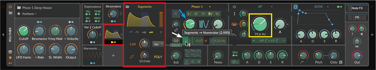 PolymerにSegments（赤枠）を追加し、各パラメーターをモジュレートしているところ。カットオフ（黄枠）を［64.00st］、オシレーターのShape（青矢印）を［50.00%］、そしてNumerator（白矢印）を［2.000］に設定